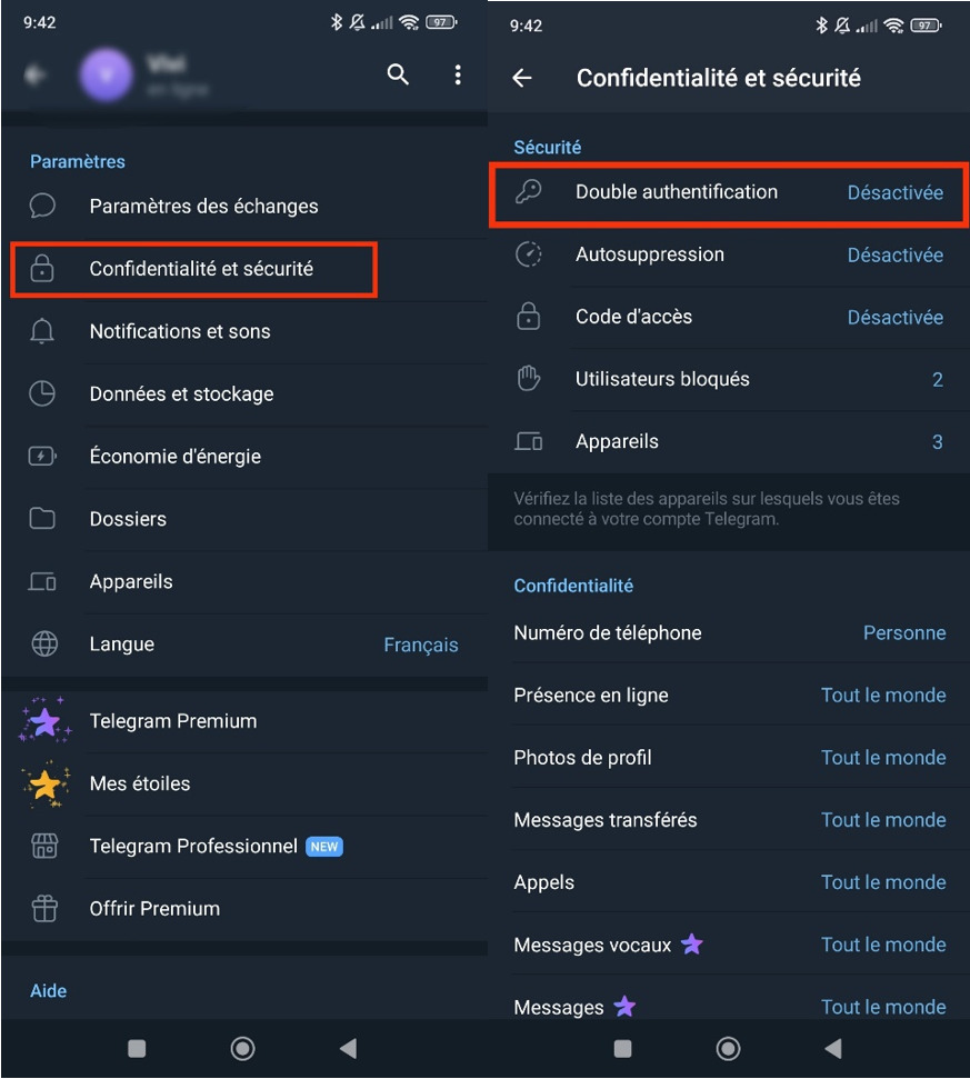 Activer l’identification à deux facteurs Telegram