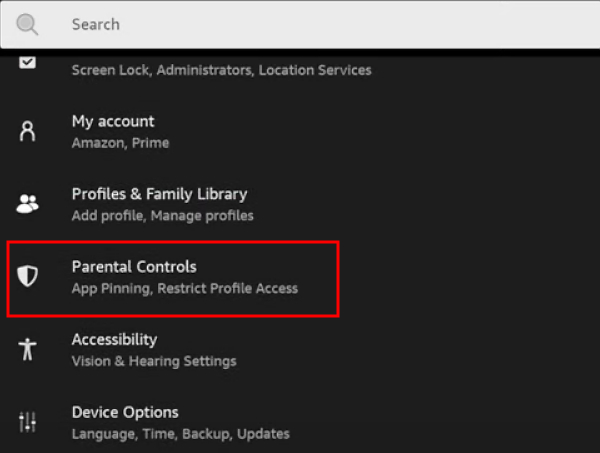 click Amazon Fire parental control option