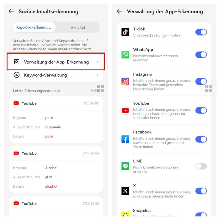 app erkennungen verwalten