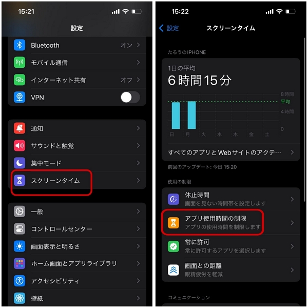 「設定」から「スクリーンタイム」を開き、「アプリ使用時間の制限」をタップします