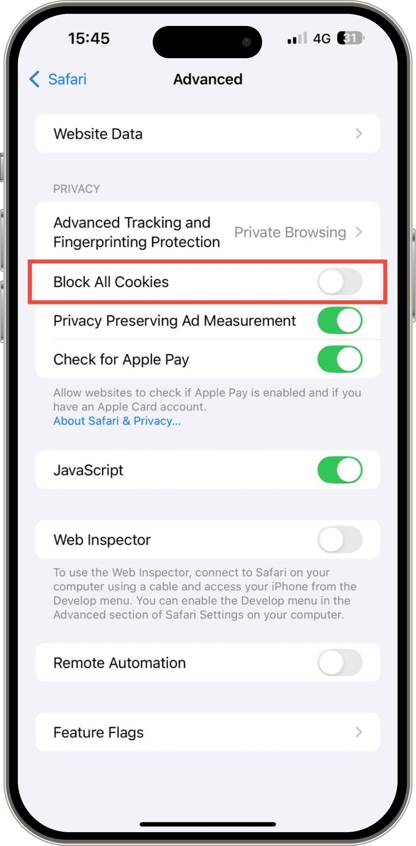 block all cookies in safari step 2