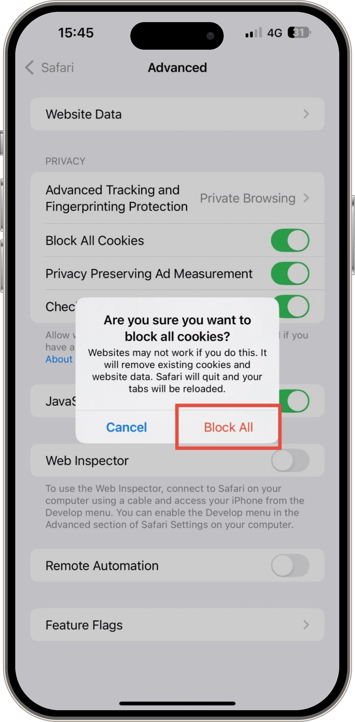 block all cookies in safari step 3