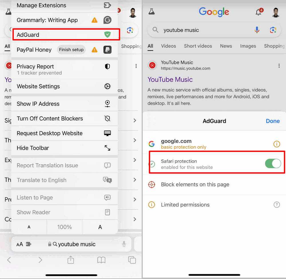 choose AdGuard and toggle off the Safari protection