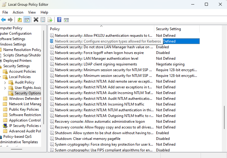 click Network Security Configure encryption types allowed for Kerberos