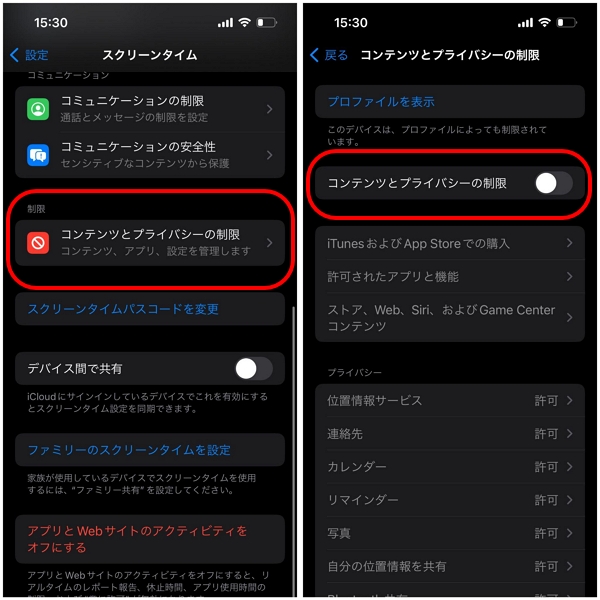 コンテンツとプライバシーの制限