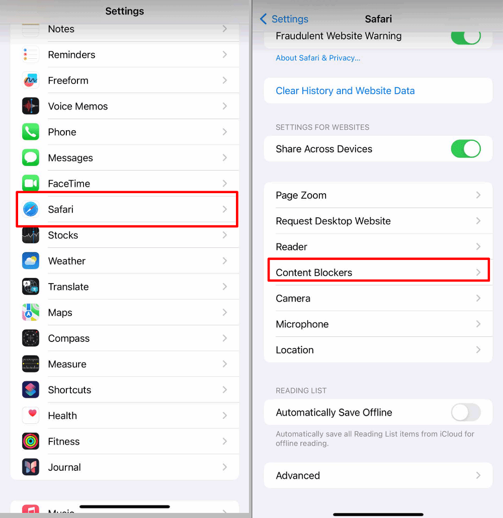 Content Blockers in Settings