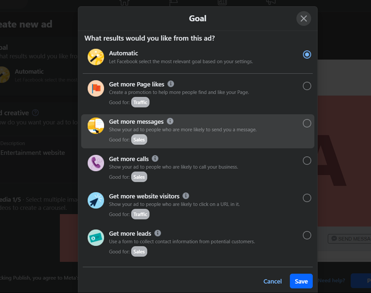 select a goal for Facebook ads