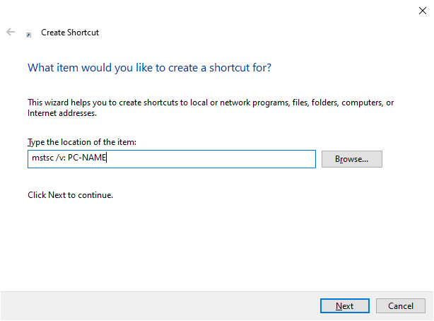 create shortcut for remote pc