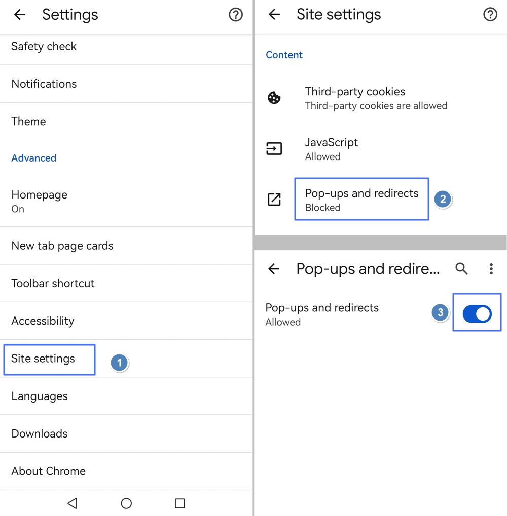 disable Pop-ups and redirects on Android