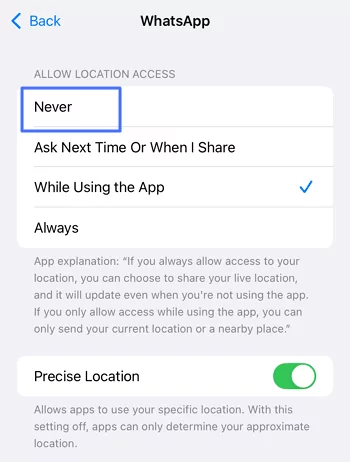 disable WhatsApp access location on iPhone