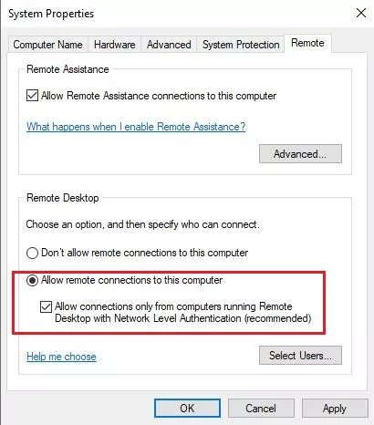 enable remote desktop from control panel