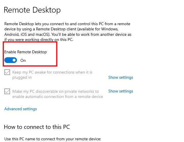 enable remote desktop