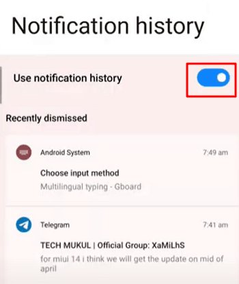 enable Use notification history