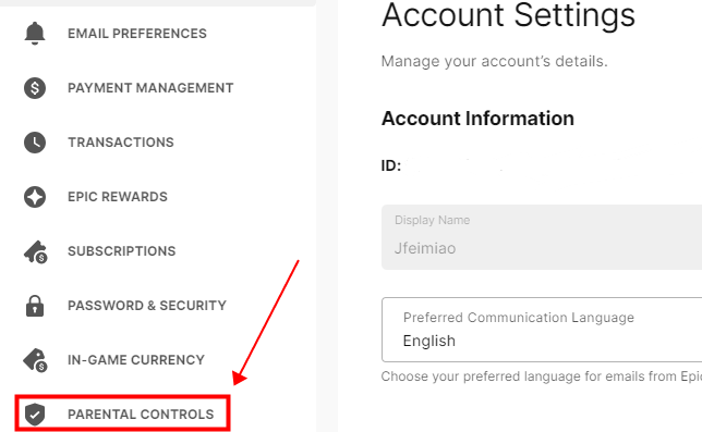 Epicgames parental controls settings