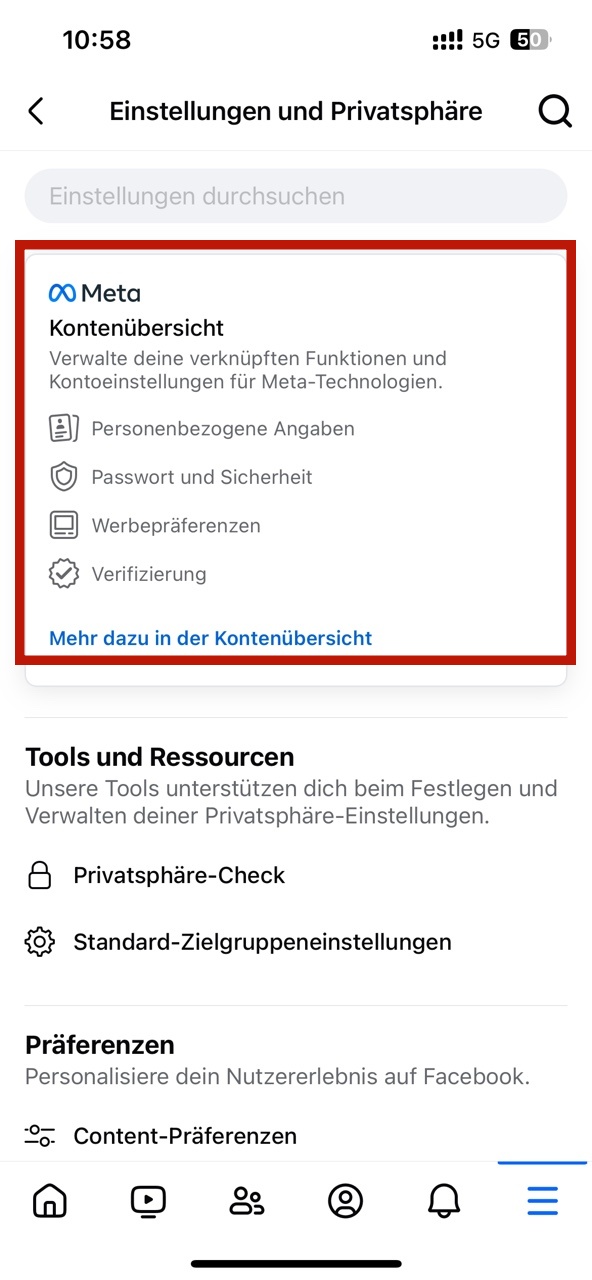 Facebook Kontenübersicht