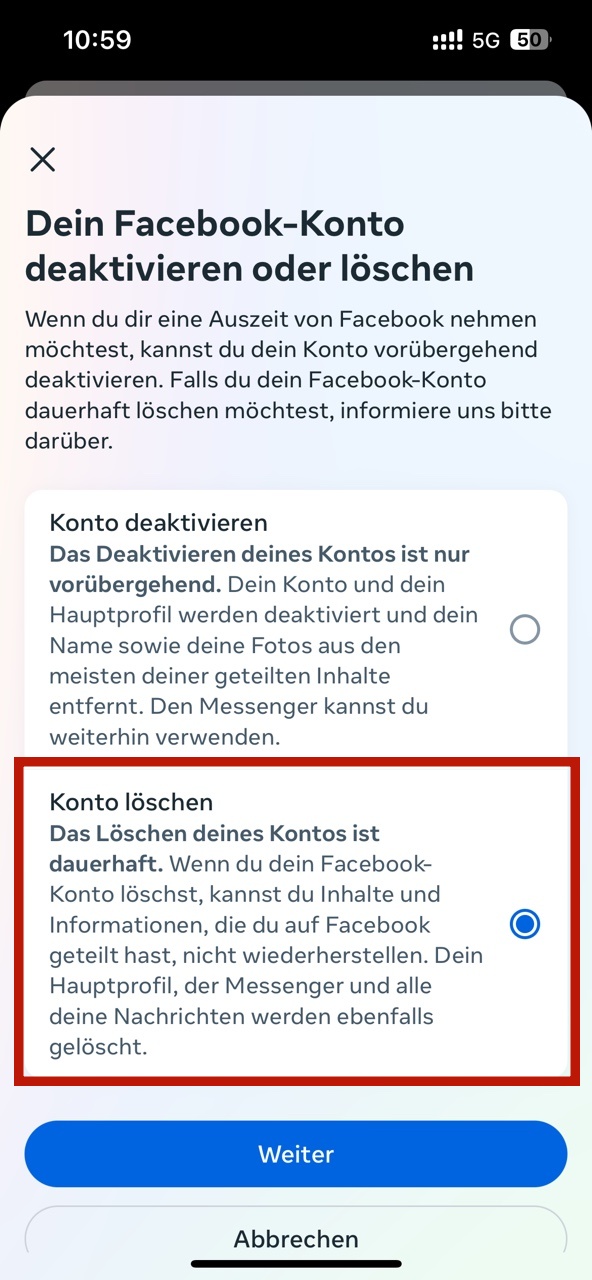 Facebook-Konto dauerhaft löschen