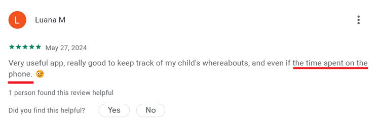 Find My Kids Android user review for App Usage Report feature