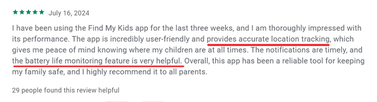 Find My Kids Android user review for Battery Monitoring feature