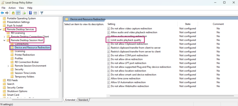 go to Device and Resource Redirection