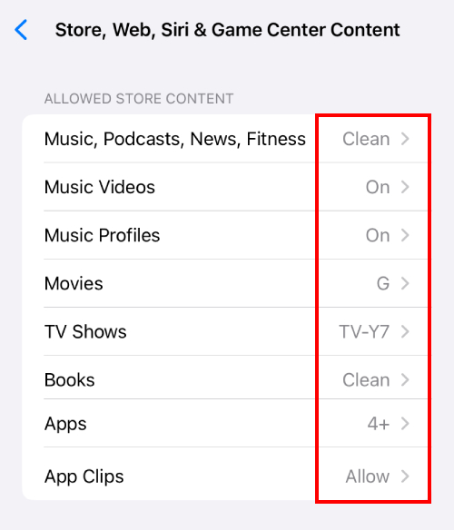 iPhone allowed store content settings