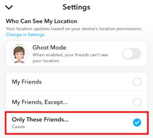 set Snapchat location only available to selected friends