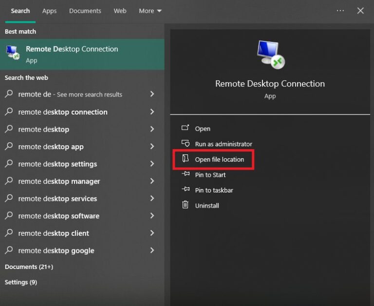 open file location remote desktop connection