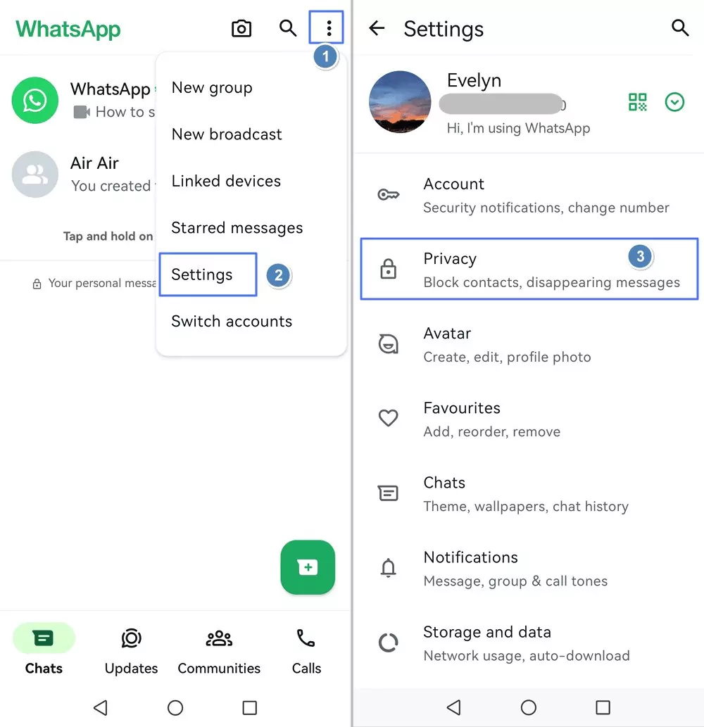 open Privacy settings on WhatsApp Android