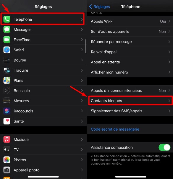 Gestion des contacts bloqués iPhone