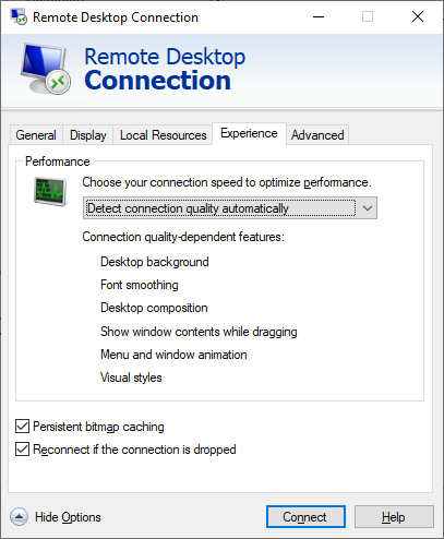 remote desktop connection experiences tab