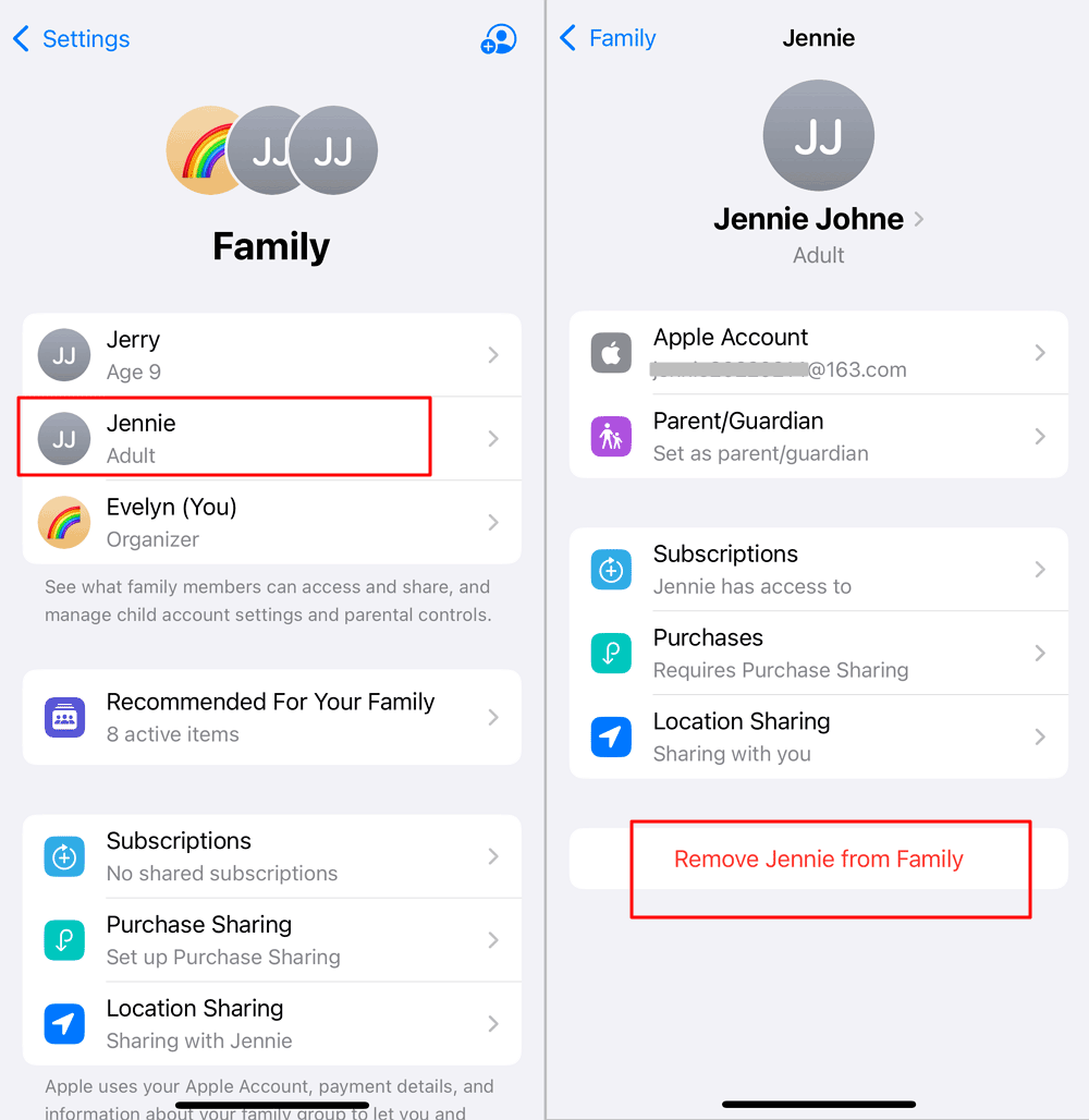 remove a adult on Family Sharing