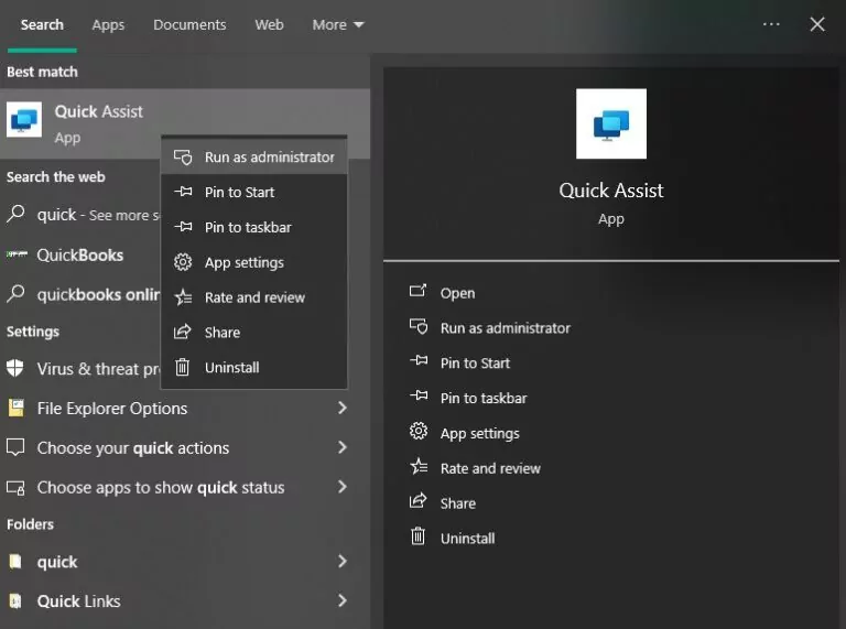 run quick assist as administrator mode