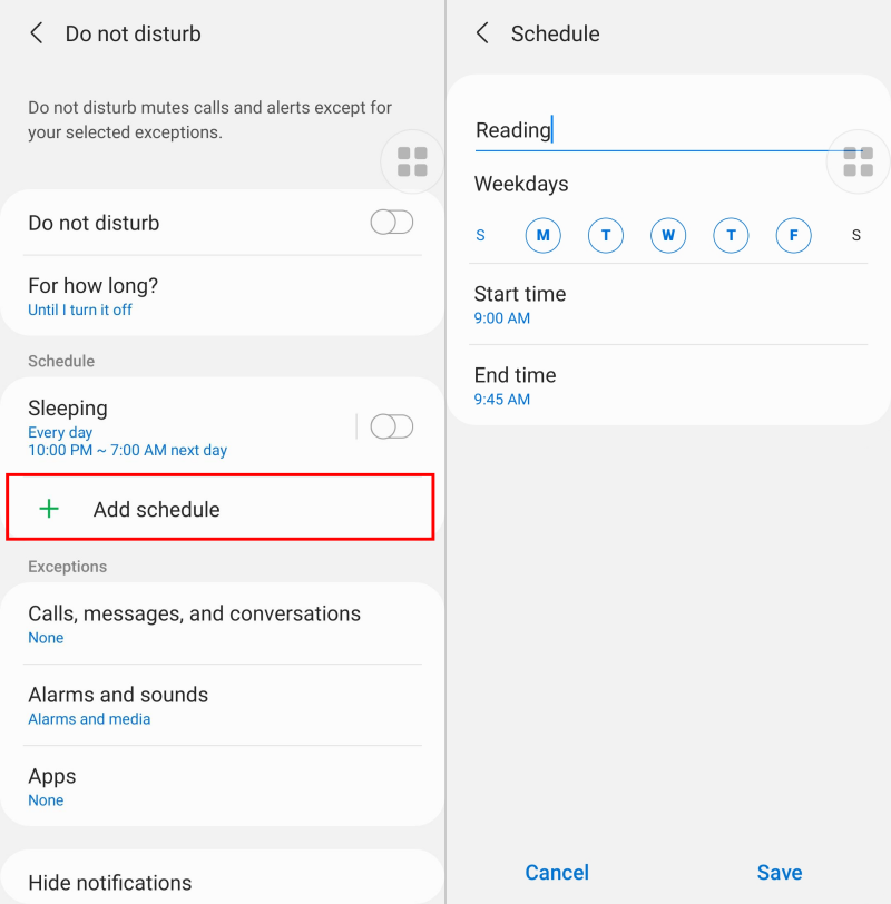 Samsung Do Not Disturb schedule