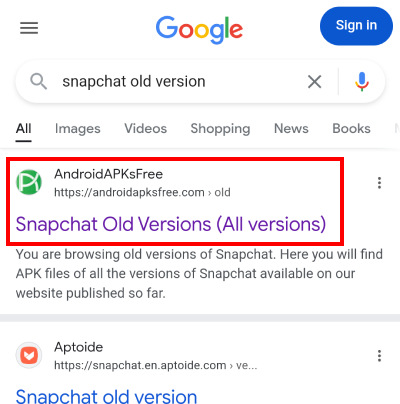 search Snapchat old version