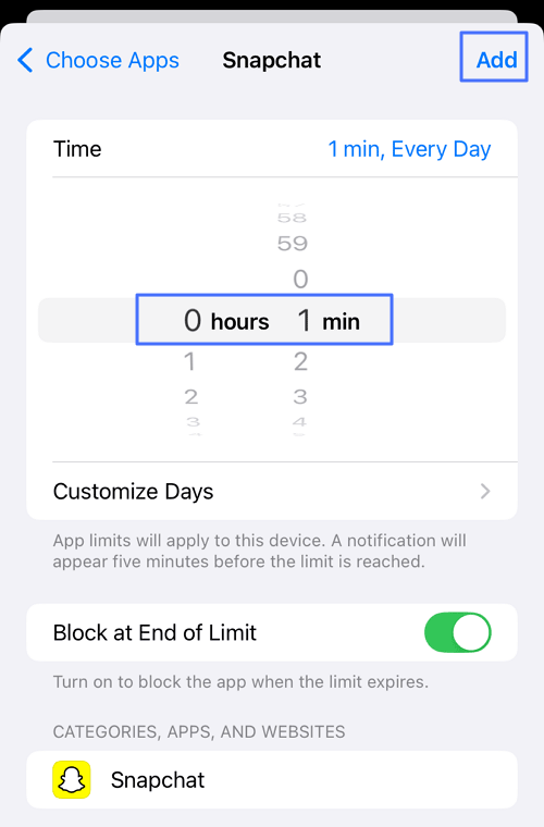  set the time limit for Snapchat to 1 minute