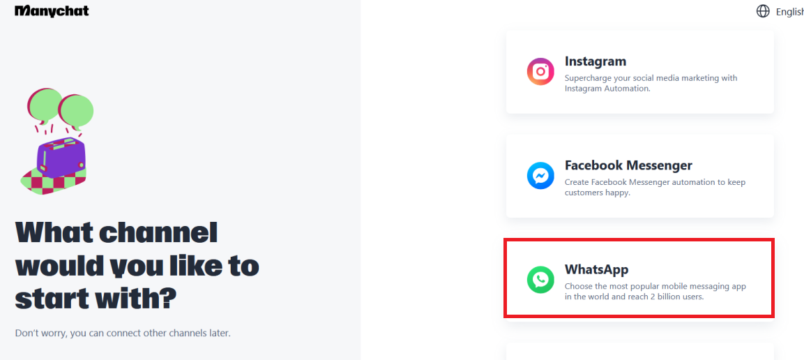 select WhatsApp on Manychat