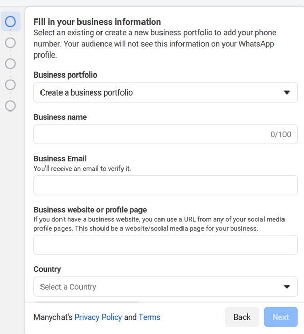 fill in business information on Manychat