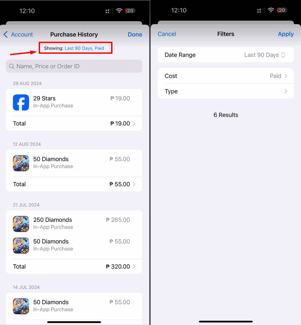 tap showing more purchase history on iPhone