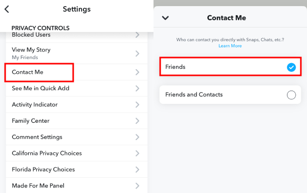 Snapchat contact me settings
