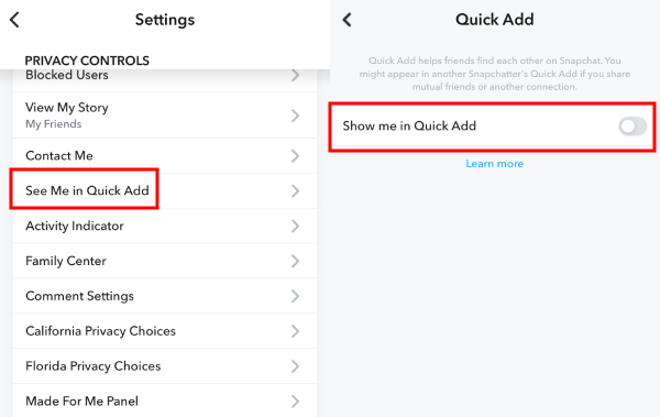 turn off show me in quick add Snapchat