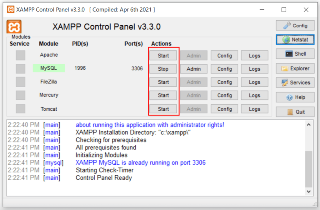 stop apache xampp control panel