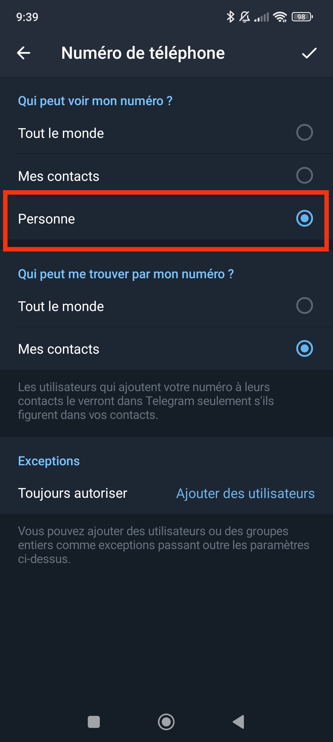 Telegram masquer numéro de téléphone