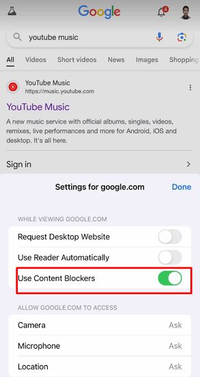 toggle off Content Blocker Settings