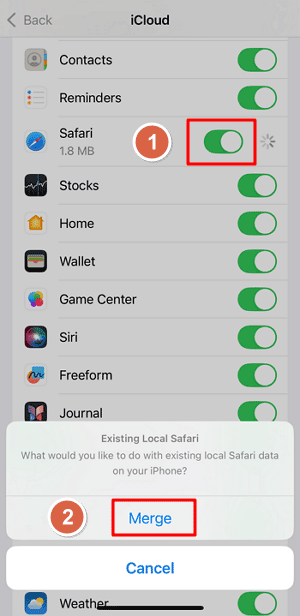 toggle on the Safari switch and tap Merge