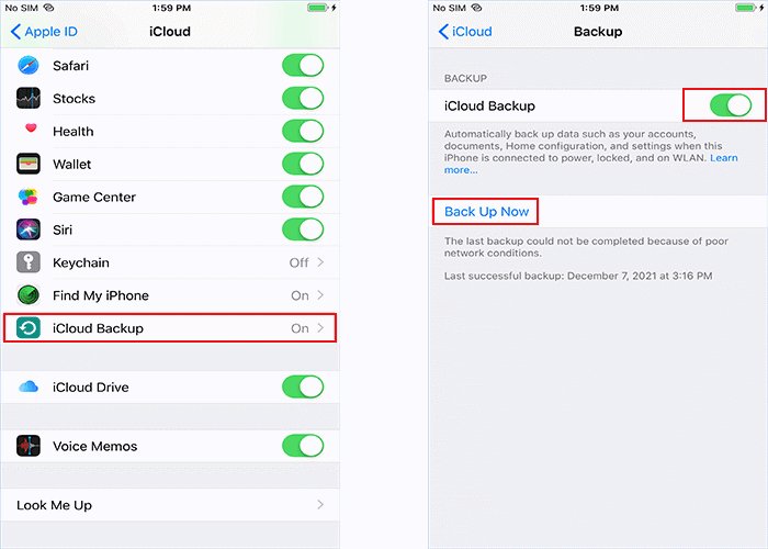 turn off and turn on icloud backup