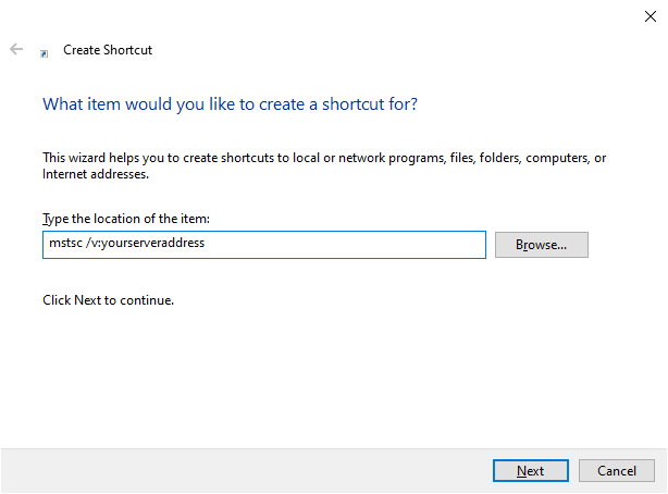 type the location of remote desktop