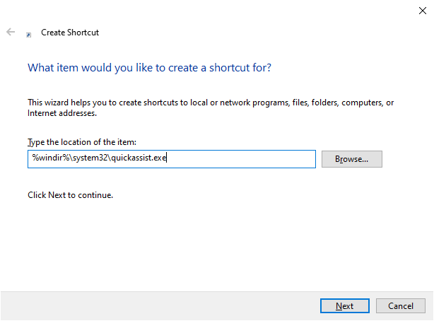 create quick assist new shortcut