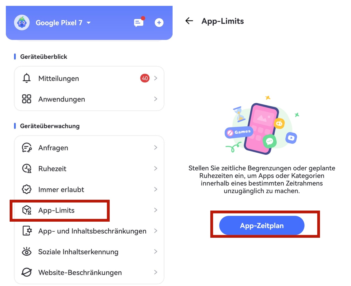 Zeitplan in App-Limits für Android hinzufügen