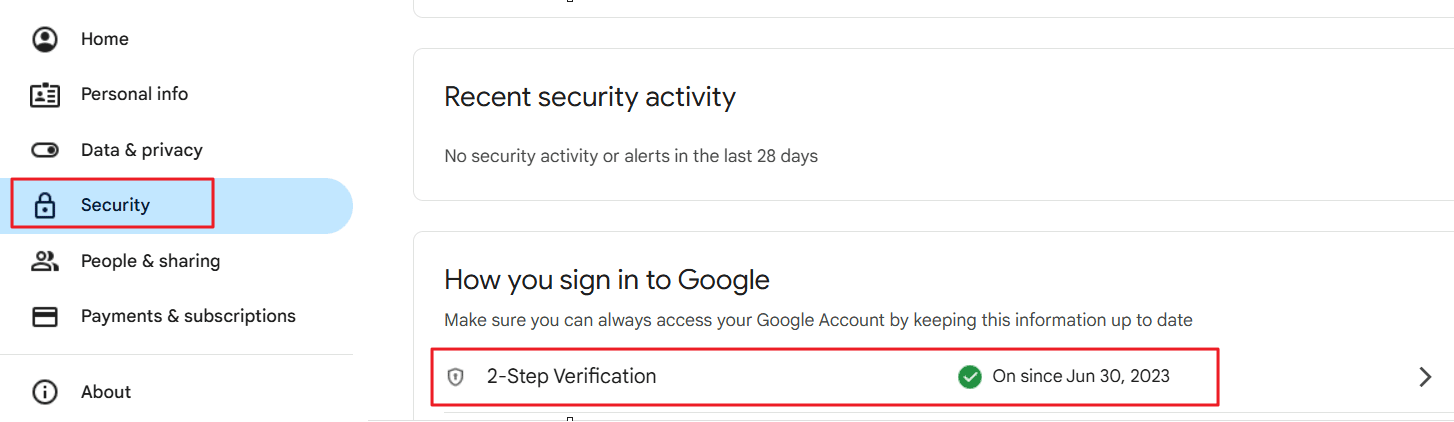 2-Step Verification settings of Google account