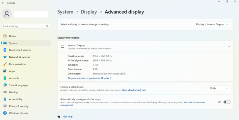 Advanced display settings