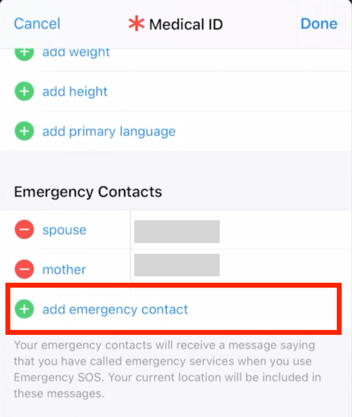 add emergency contact from the health app step 4